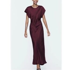 Zara Burgundy Satin Maxi Dress Cap Sleeve NWT Size S Minimalist Plum Wine